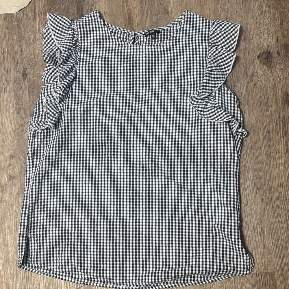 Hannah Checkered Ruffle Sleeve Blouse - Black and White